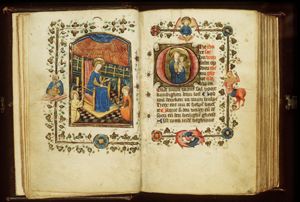 Mary in the temple, seated at the weaving-loom