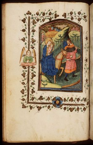 The Flight into Egypt: Mary, St. Joseph and the Christ-child on their way; the corn-miracle (background)