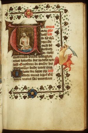 Man of Sorrows: Christ in his tomb, holding scourge and reed