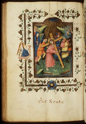 The carrying of the cross: Christ bears the cross with the help of Simon the Cyrenian