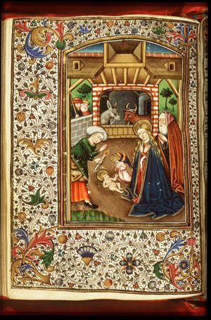 The Nativity: the adoration of the Christ-child by Mary, St. Joseph, an angel, and a midwife holding a candle