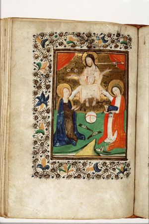 The Last Judgement: Christ on a rainbow raises the dead in the presence of Mary and St. John the Baptist