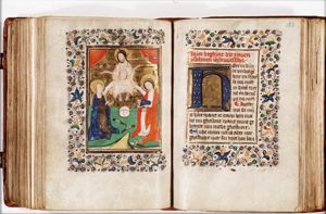 The Last Judgement: Christ on a rainbow raises the dead in the presence of Mary and St. John the Baptist
