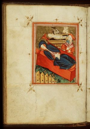The Nativity: the Christ-child in the manger, Mary lies in bed, St. Joseph at the bedside