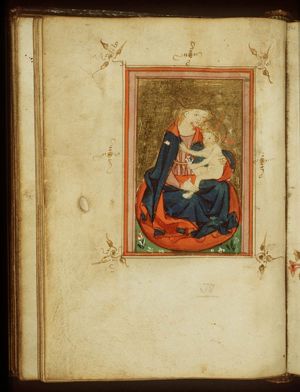 Madonna: Mary sitting on a cushion on the ground, holding the Christ-child