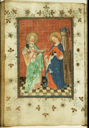 St. Peter holding a key and a book and St. Barbara holding a palm and a book, standing before a tower
