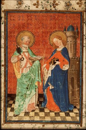 St. Peter holding a key and a book and St. Barbara holding a palm and a book, standing before a tower