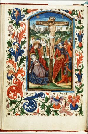 The Crucifixion, with Mary, St. John, St. Mary Magdalene and other female saints, the confessing centurion, and soldiers