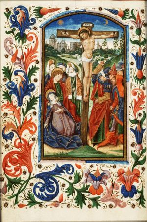 The Crucifixion, with Mary, St. John, St. Mary Magdalene and other female saints, the confessing centurion, and soldiers