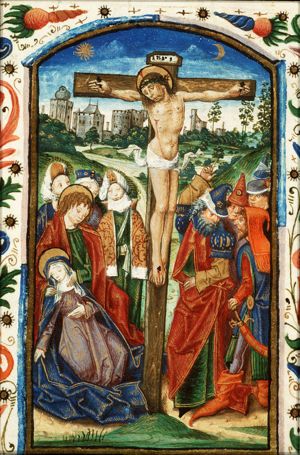 The Crucifixion, with Mary, St. John, St. Mary Magdalene and other female saints, the confessing centurion, and soldiers