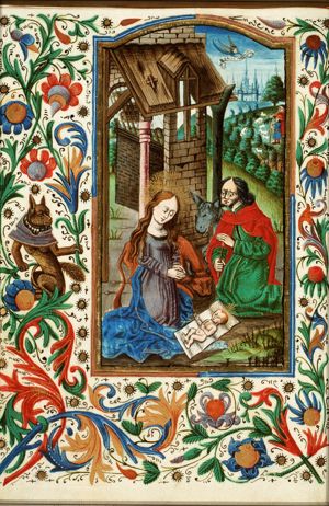 The Nativity: the adoration of the Christ-child by Mary and St. Joseph; annunciation of Christ's birth to the shepherds (background)
