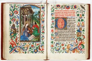 The Nativity: the adoration of the Christ-child by Mary and St. Joseph; annunciation of Christ's birth to the shepherds (background)