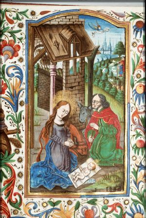 The Nativity: the adoration of the Christ-child by Mary and St. Joseph; annunciation of Christ's birth to the shepherds (background)
