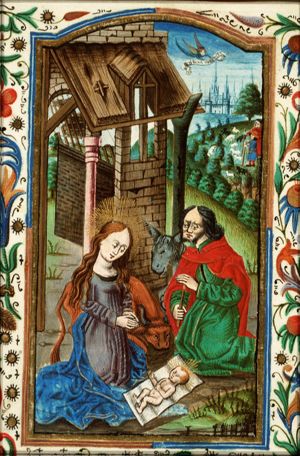 The Nativity: the adoration of the Christ-child by Mary and St. Joseph; annunciation of Christ's birth to the shepherds (background)