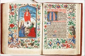 The Last Judgement: Christ on a rainbow raises the dead in the presence of Mary and St. John the Baptist