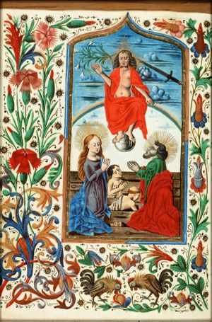 The Last Judgement: Christ on a rainbow raises the dead in the presence of Mary and St. John the Baptist