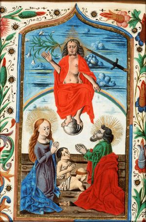 The Last Judgement: Christ on a rainbow raises the dead in the presence of Mary and St. John the Baptist