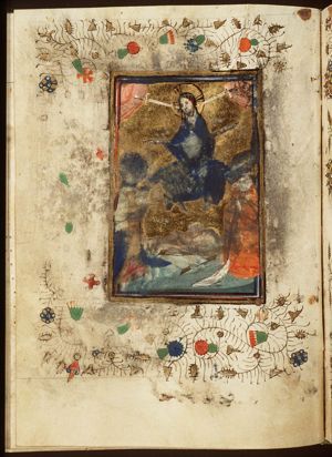 The Last Judgement: Christ on a rainbow raises the dead in the presence of Mary and St. John the Baptist