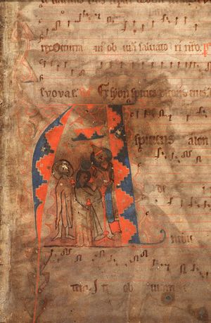 Nun(?), sitting on a chair in front of a lectern, is crowned or baptized(?) by St. John the Baptist and other male saint