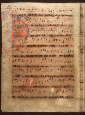 The Nativity: Mary lies in bed, the Christ-child in the manger; angels with censers; with adoring priest(?)
