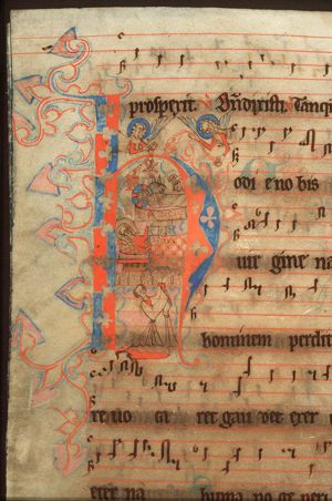 The Nativity: Mary lies in bed, the Christ-child in the manger; angels with censers; with adoring priest(?)