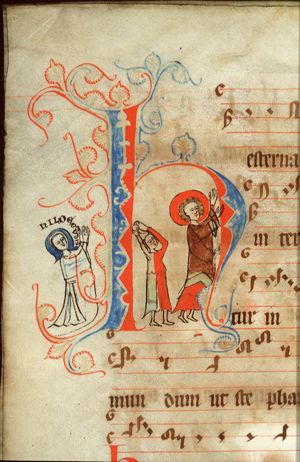 The martyrdom of St. Stephen: he is stoned to death, with adoring nun: Hildegundis