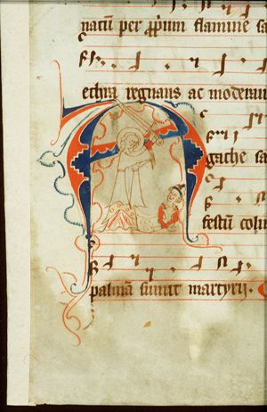 St. Agatha of Catania raises a sword over Quintianus, consular of Sicily, who is lying on the ground