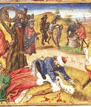 The execution of Publicius Malleolus; after having killed his mother (foreground), he is sewn into a sack and thrown into the sea (a variant of the death of Marcus Atilius)