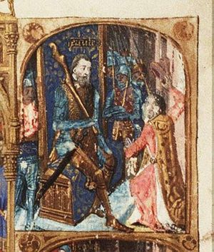 The cult of Hercules: Hercules enthroned giving the privilege of his cult to Potitius' family, which was observed till the age of Appius Claudius Caecus