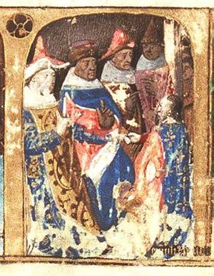 Lucius Aemilius Paulus before the senate receiving the order to conduct a war against king Perseus of Macedonia