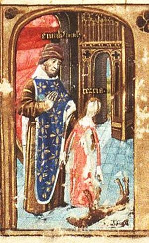 Lucius Aemilius Paul(l)us and his daughter Tertia with her dead dog Persa; Paullus who was chosen to conduct the war against king Perseus of Macedonia, saw this as a good omen
