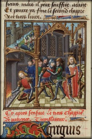 Gaius Mucius Scaevola is arrested when attempting to kill the Etruscan king Lars Porsenna; furious with himself he puts his right hand into the fire
