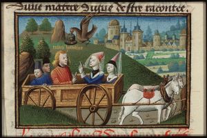 Tarquin the Elder ('Priscus') and his wife Tanaquil sitting together in their carriage; an eagle seizes Tarquin's hat (the scene is inscribed "Tulus Hostilius")