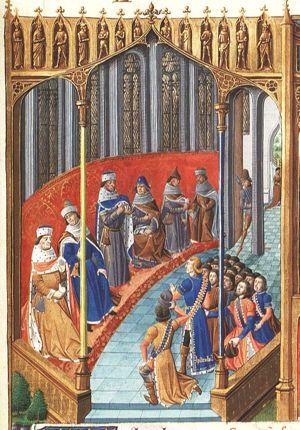 A delegation of Carthaginians (with Hasdrubal) before the Roman Senate to pay ransom for their prisoners
