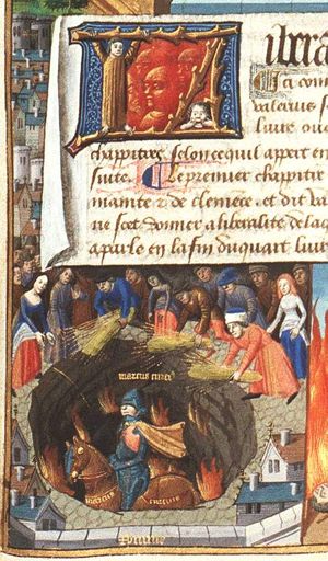 The self-sacrifice of Marcus Curtius: out of patriotism he leaps on horseback into an abyss; Romans throw grain into the chasm to honour him