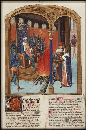 The humanity of Alexander the Great: he gives up his seat by the fire to an old soldier
