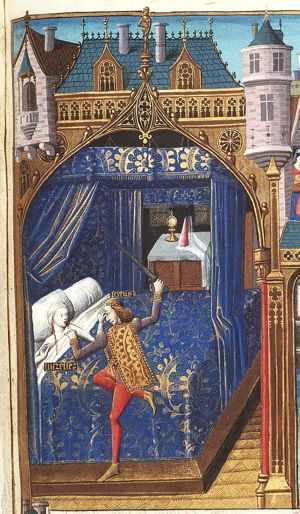 Rape of Lucretia: Sextus Tarquin threatens her with a sword
