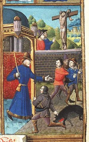 Lucius Domitius, governor of Sicily, puts a shepherd to death, because he killed a hog with a spear while he was not allowed to carry arms; crucifixion of the shepherd (background)