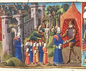 Marcus Furius Camillus receiving the schoolmaster of Falerii and his pupils; the schoolmaster is stripped and the children drive him back to their city with sticks (background)