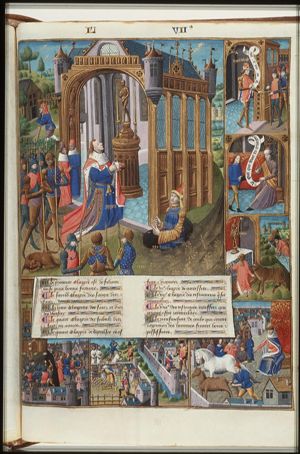 In an abyss Gyges, King of Lydia, finds a ring that makes him invisible; Gyges consulting the Oracle of Delphi; background: Aglaus of Psophis, the poorest man of Arcadia, pronounced by the oracle more happy than Gyges