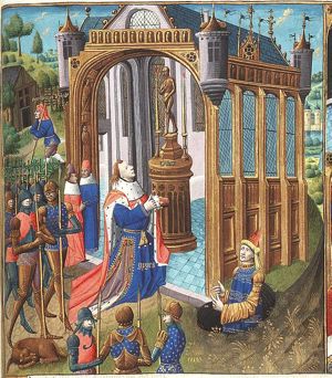 In an abyss Gyges, King of Lydia, finds a ring that makes him invisible; Gyges consulting the Oracle of Delphi; background: Aglaus of Psophis, the poorest man of Arcadia, pronounced by the oracle more happy than Gyges