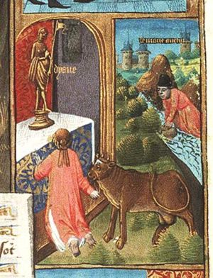 A Sabine man wanted to offer his exceptionally big and beautiful cow to Diana to procure world domination for the Sabines in accordance with the prediction of an oracle; the Roman priest tells him that he has to wash himself in the water of the Tiber before killing the animal; while the Sabine man washes himself, the priest quickly immolates the cow, safeguarding Rome's world domination