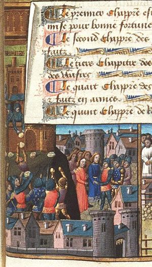 The besieged Romans throw loaves of bread from the walls as stratagem to demonstrate to the Gauls that they have an abundance of grain and will not surrender because of famine