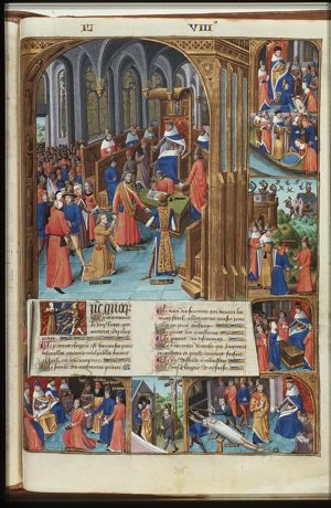Gabinius, accused by Memmius, in the court-room; Gabinius's son Sisenna kneels before Memmius, begging clemency for his father; the Tribune of the Plebs Laelius orders the acquittal of Gabinius