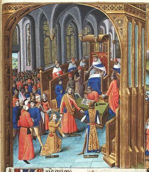 Gabinius, accused by Memmius, in the court-room; Gabinius's son Sisenna kneels before Memmius, begging clemency for his father; the Tribune of the Plebs Laelius orders the acquittal of Gabinius