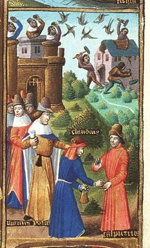 Marcus Porcius Cato (the Elder) delivering judgement on the case of Claudius Centumalus and Calpurnius Lanarius