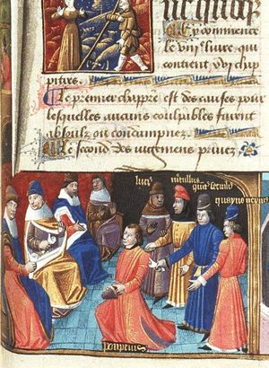 Q. Pompeius before judges accused of extortion by Cn. and Q. Servilius Caepio, and L. and Q. Metellus
