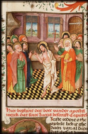 Christ appears to the apostles gathered behind locked doors