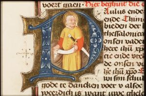 St. Timothy of Ephesus(?) holding a scroll and a sword