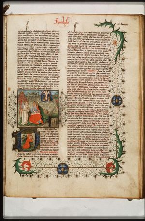 The Evangelist St. John with his symbol the eagle on Patmos, the devil stealing the ink-well: vision of the appearance of the Son of Man